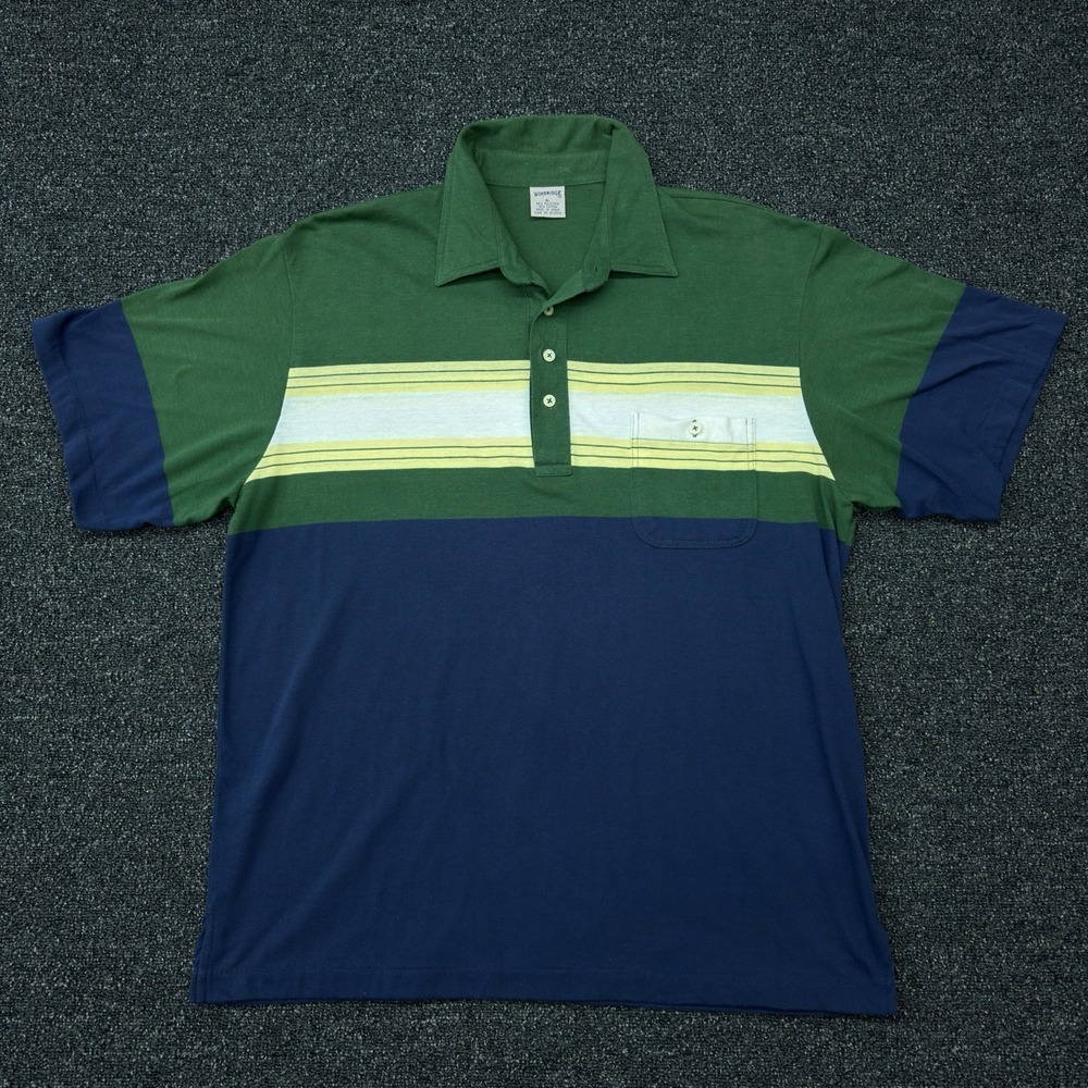 Vtg 1980s Windridge Mervyn's Polo Shirt Mens XL Green Navy Striped Pocket Retro